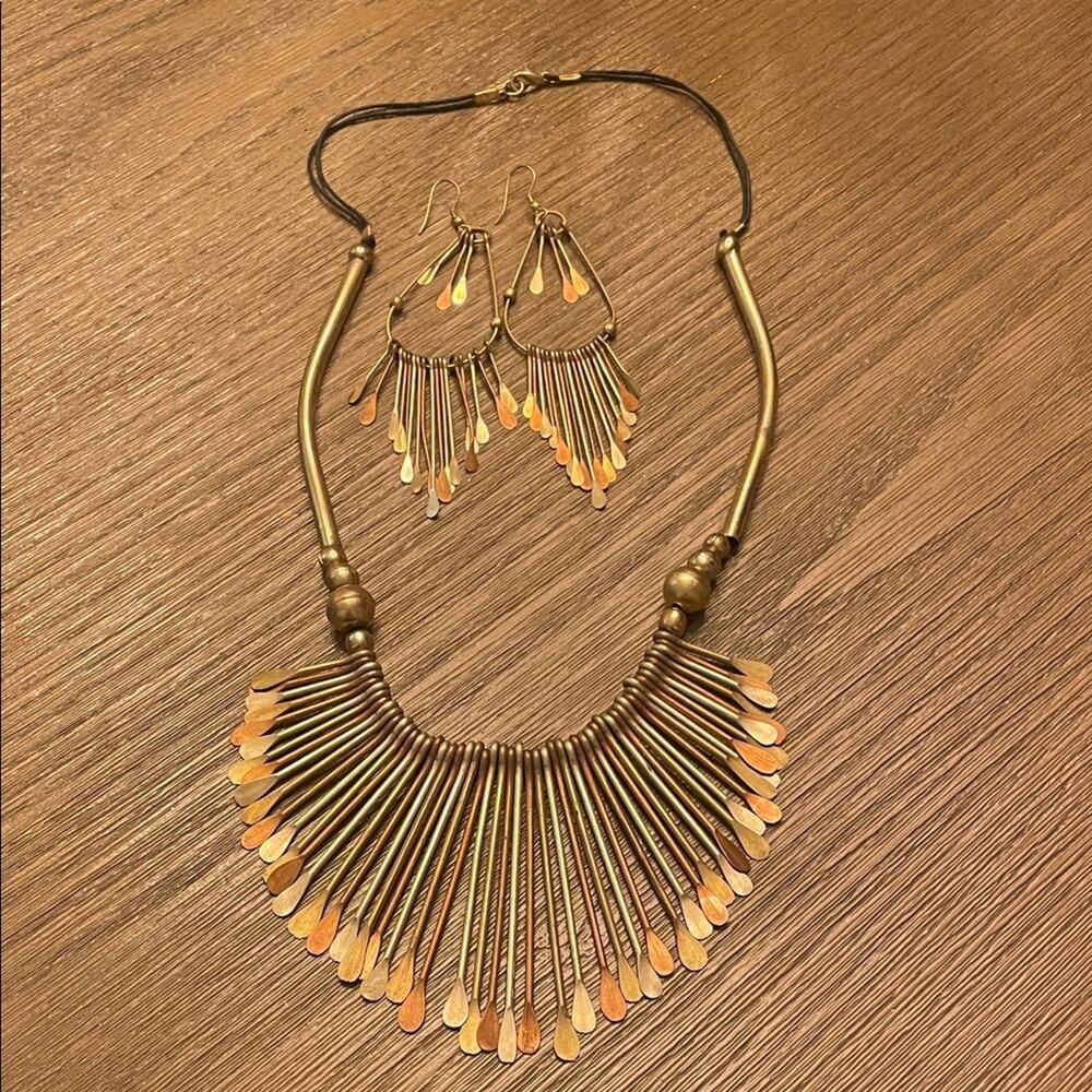 70s Vintage Brass & Copper Spike Fringe Necklace earrings set